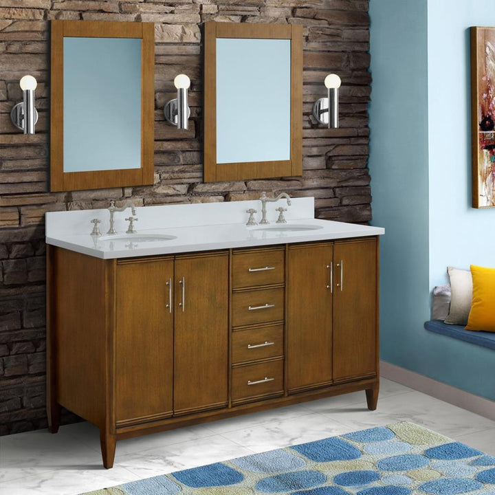 Bellaterra Home, MCM 61" Walnut Double Vanity, Oval Sink, White Quartz#top-options_white-quartz-top