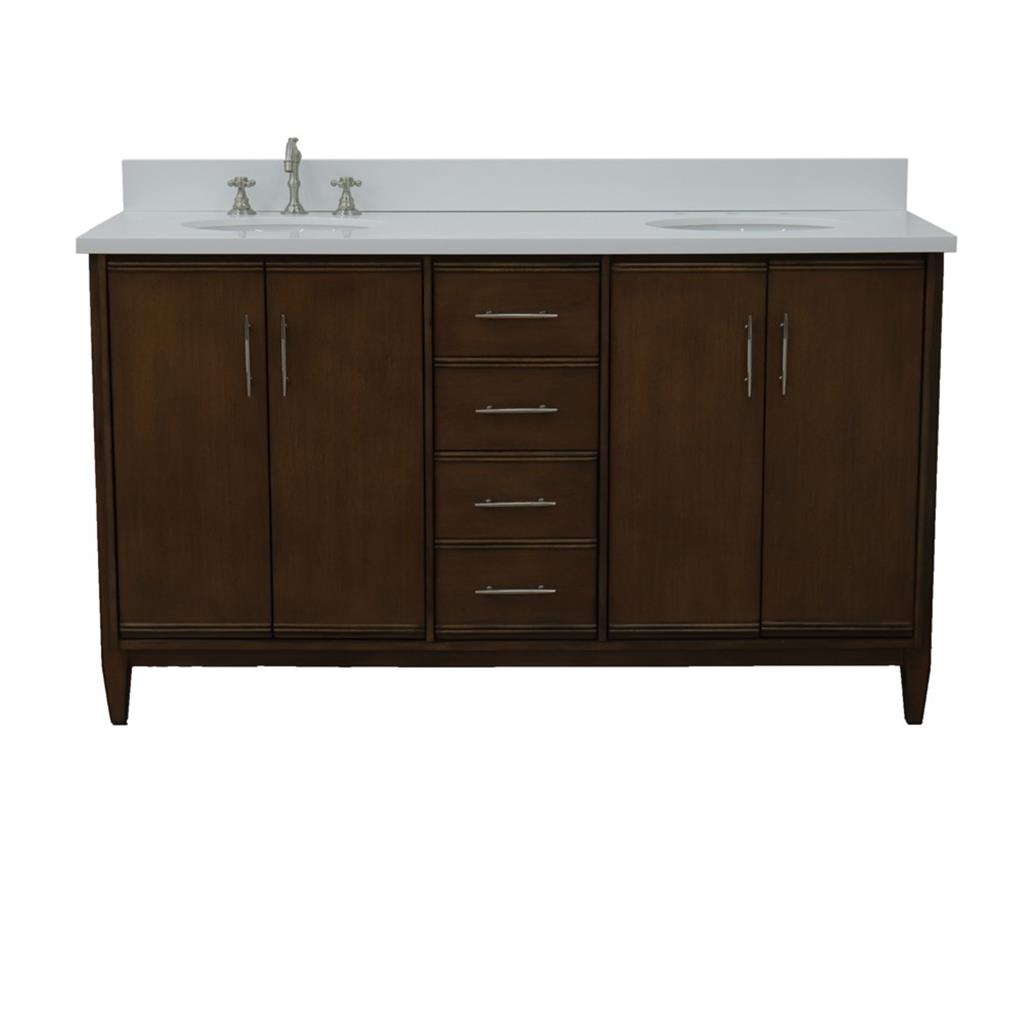 Bellaterra Home, MCM 61" Walnut Double Vanity, Oval Sink, White Quartz#top-options_white-quartz-top