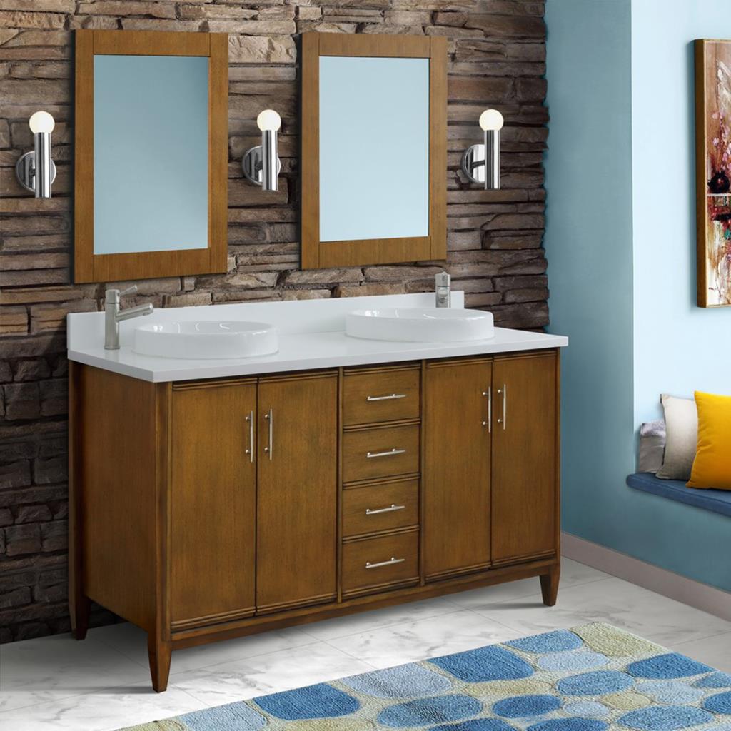 Bellaterra Home, MCM 61" Walnut Double Vanity, Round Sink, White Quartz#top-options_white-quartz-top