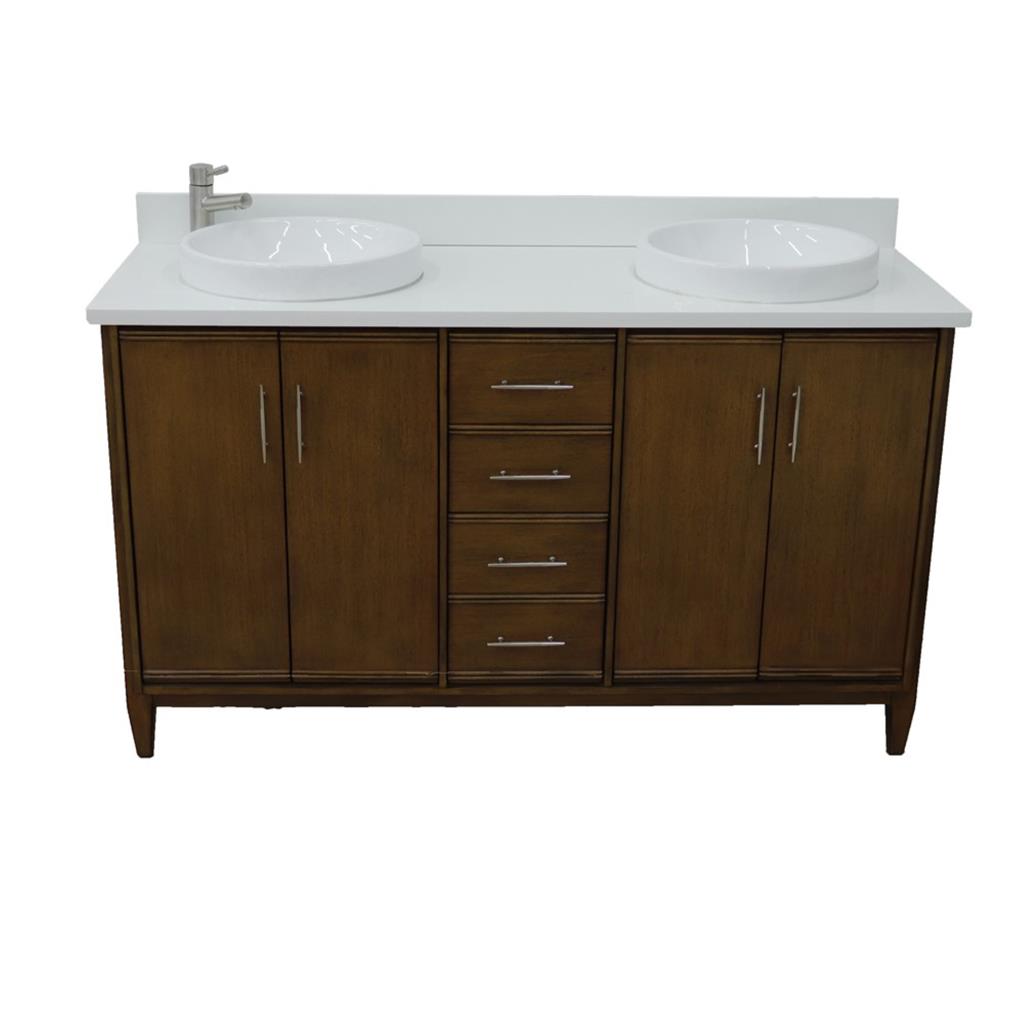 Bellaterra Home, MCM 61" Walnut Double Vanity, Round Sink, White Quartz#top-options_white-quartz-top
