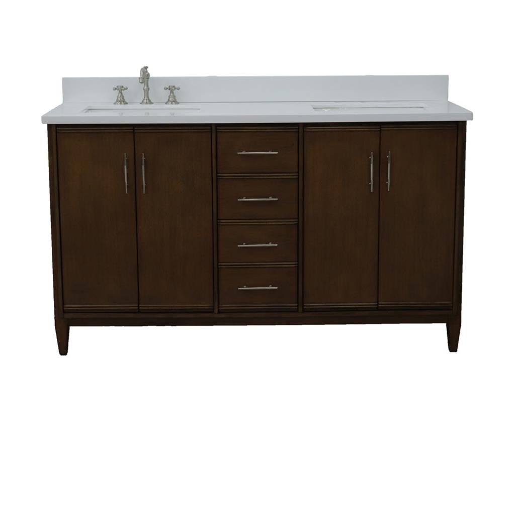 Bellaterra Home, MCM 61" Walnut Double Vanity, Rectangle Sink, White Quartz#top-options_white-quartz-top