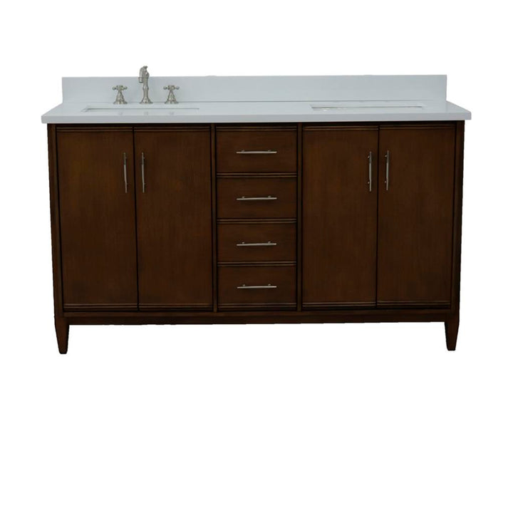 Bellaterra Home, MCM 61" Walnut Double Vanity, Rectangle Sink, White Quartz#top-options_white-quartz-top
