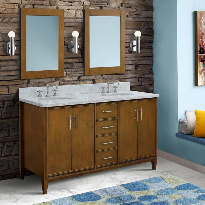 Bellaterra Home, MCM 61" Walnut Double Vanity, Oval Sink, White Carrara Marble#top-options_white-carrara-marble-top