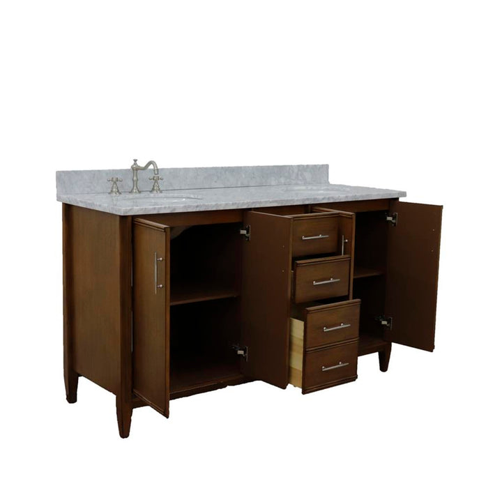 Bellaterra Home, MCM 61" Walnut Double Vanity, Oval Sink, White Carrara Marble#top-options_white-carrara-marble-top