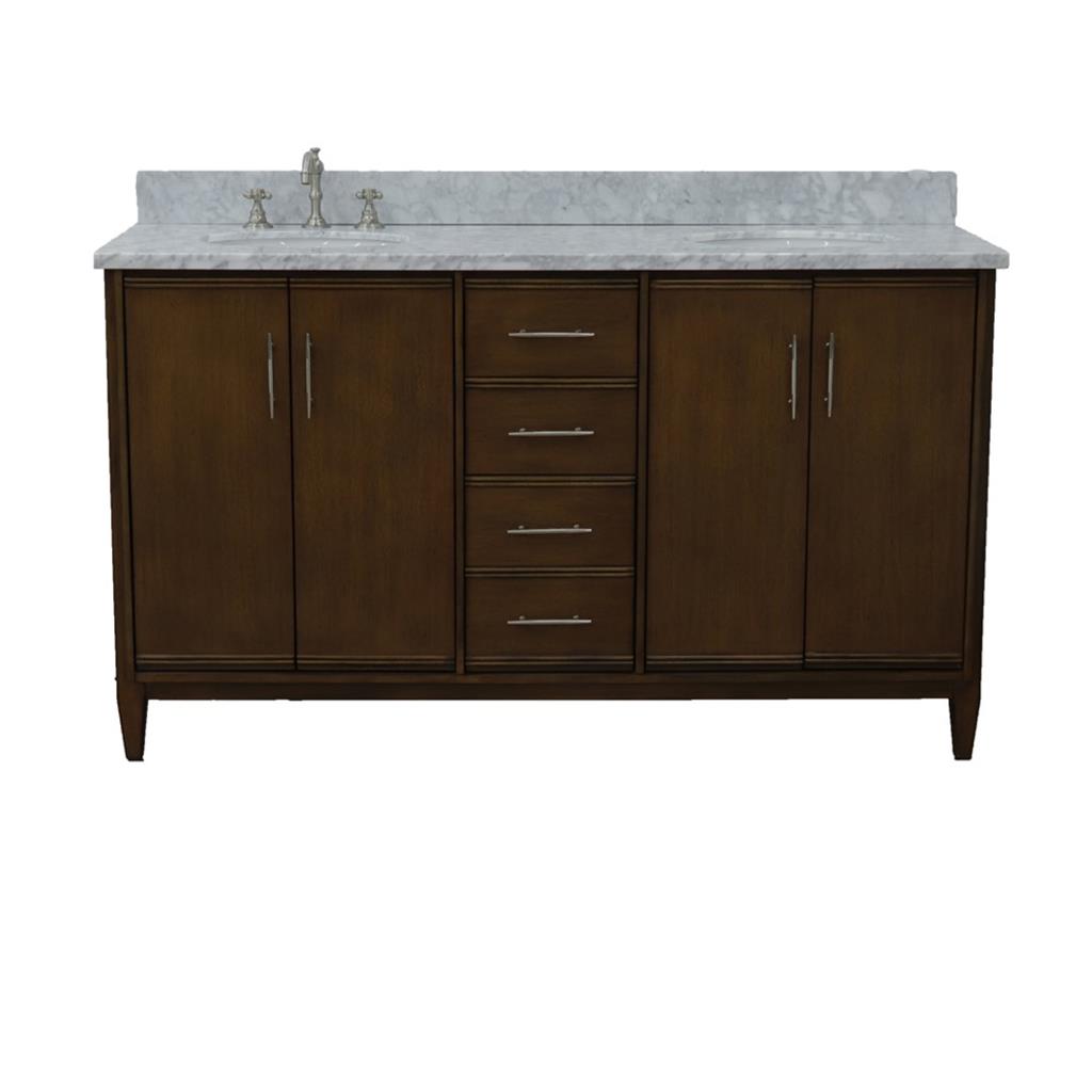 Bellaterra Home, MCM 61" Walnut Double Vanity, Oval Sink, White Carrara Marble#top-options_white-carrara-marble-top