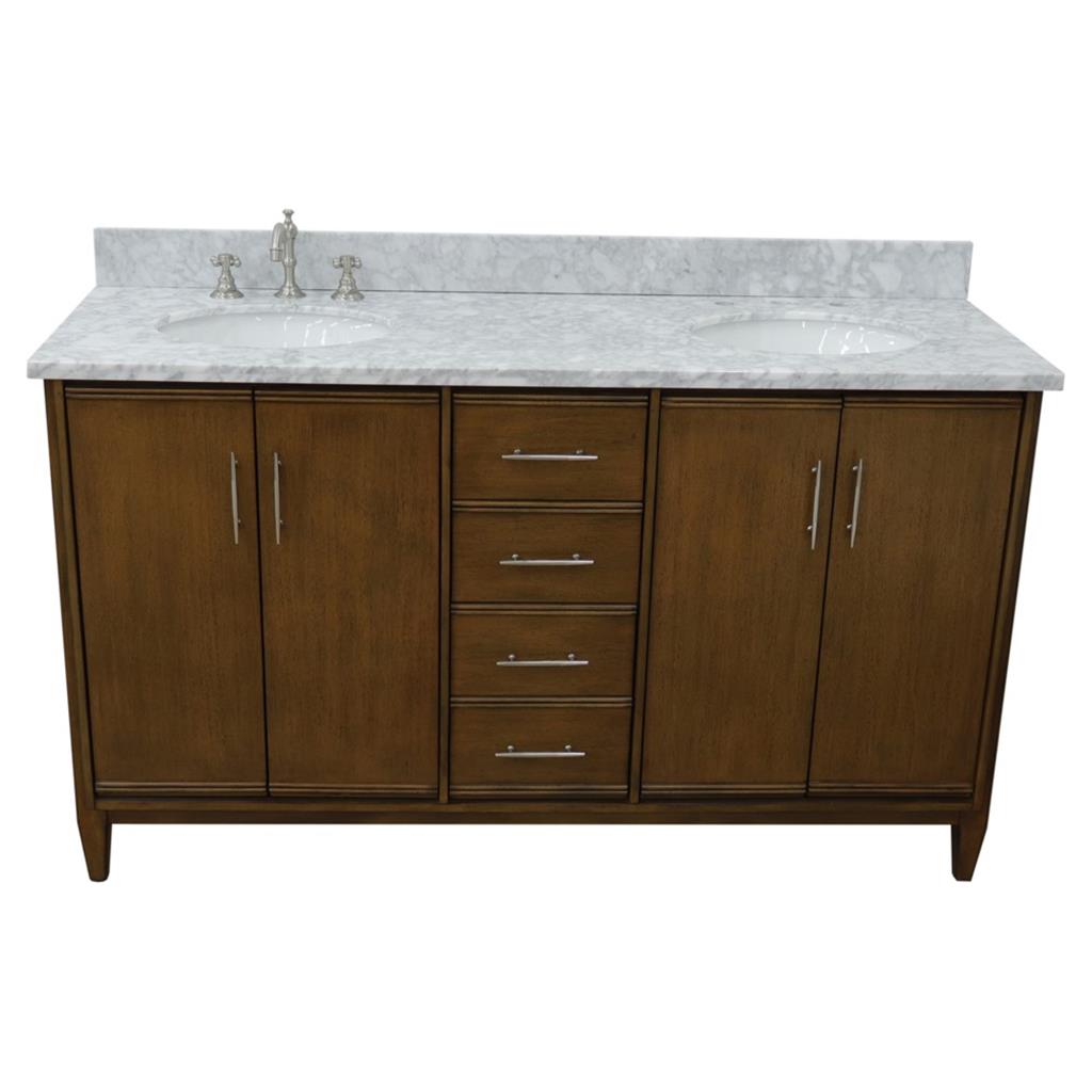 Bellaterra Home, MCM 61" Walnut Double Vanity, Oval Sink, White Carrara Marble#top-options_white-carrara-marble-top