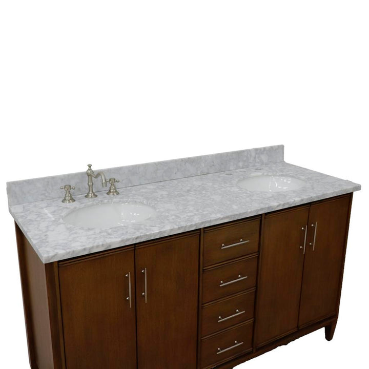 Bellaterra Home, MCM 61" Walnut Double Vanity, Oval Sink, White Carrara Marble#top-options_white-carrara-marble-top