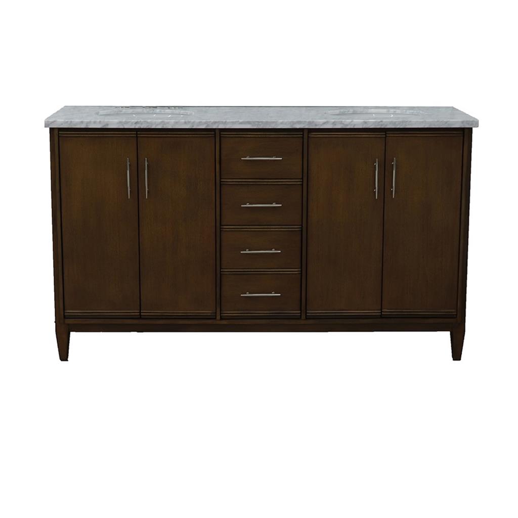 Bellaterra Home, MCM 61" Walnut Double Vanity, Oval Sink, White Carrara Marble#top-options_white-carrara-marble-top