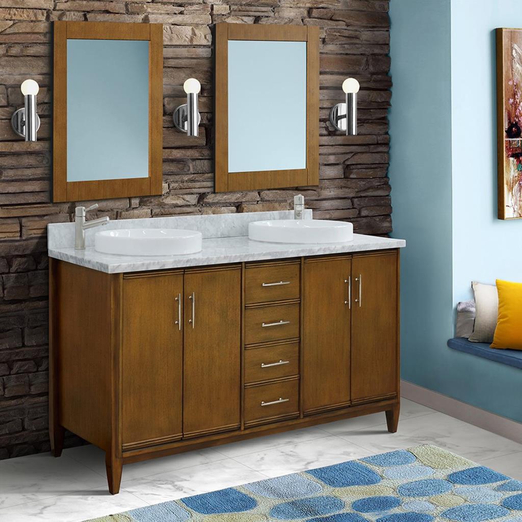 Bellaterra Home, MCM 61" Walnut Double Vanity, Round Sink, White Carrara Marble#top-options_white-carrara-marble-top