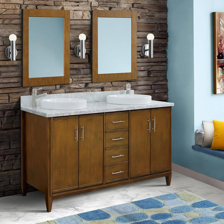 Bellaterra Home, MCM 61" Walnut Double Vanity, Round Sink, White Carrara Marble#top-options_white-carrara-marble-top