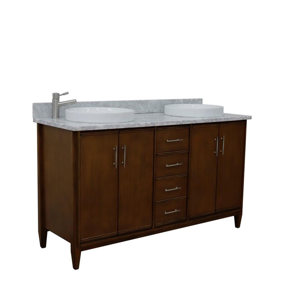 Bellaterra Home, MCM 61" Walnut Double Vanity, Round Sink, White Carrara Marble#top-options_white-carrara-marble-top