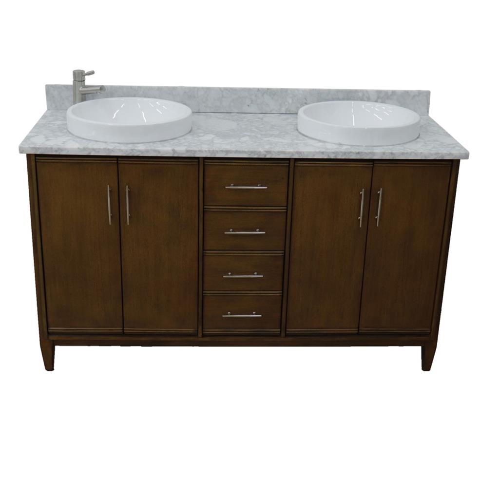 Bellaterra Home, MCM 61" Walnut Double Vanity, Round Sink, White Carrara Marble#top-options_white-carrara-marble-top