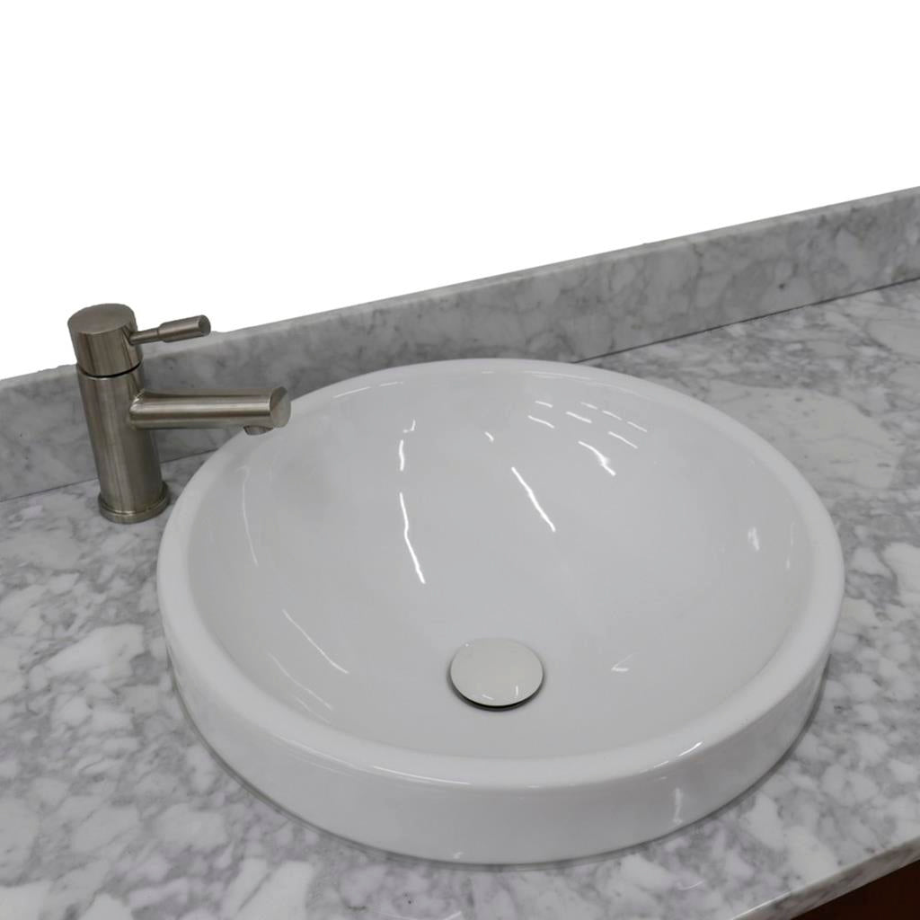 Bellaterra Home, MCM 61" Walnut Double Vanity, Round Sink, White Carrara Marble#top-options_white-carrara-marble-top