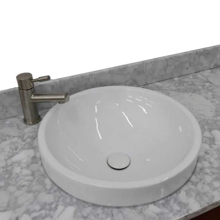 Bellaterra Home, MCM 61" Walnut Double Vanity, Round Sink, White Carrara Marble#top-options_white-carrara-marble-top
