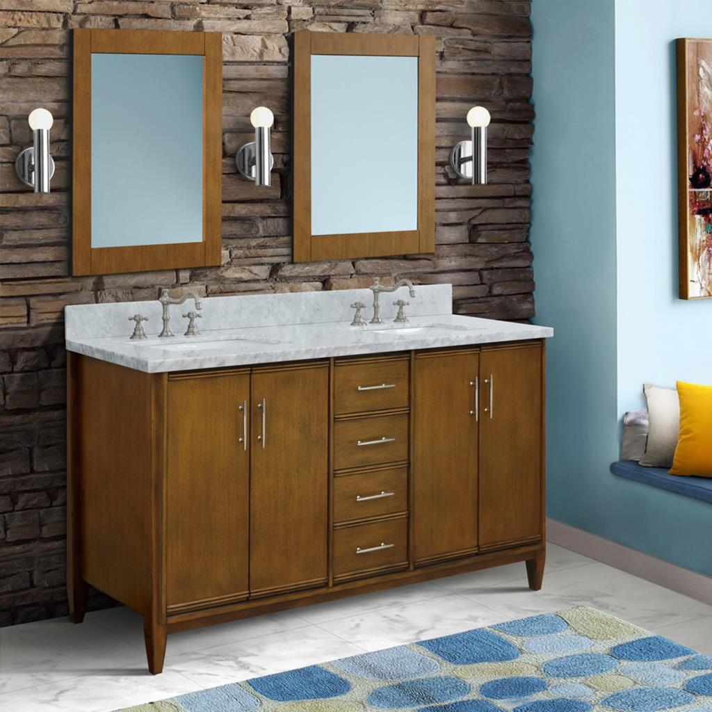 Bellaterra Home, MCM 61" Walnut Double Vanity, Rectangle Sink, White Carrara Marble#top-options_white-carrara-marble-top