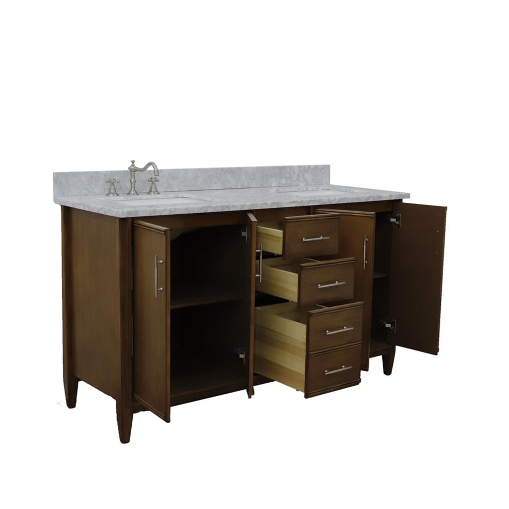 Bellaterra Home, MCM 61" Walnut Double Vanity, Rectangle Sink, White Carrara Marble#top-options_white-carrara-marble-top