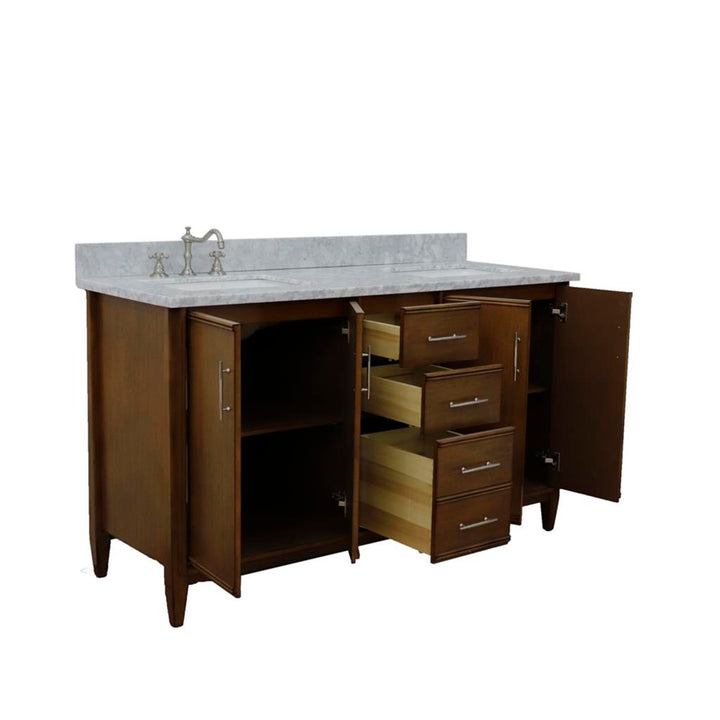 Bellaterra Home, MCM 61" Walnut Double Vanity, Rectangle Sink, White Carrara Marble#top-options_white-carrara-marble-top