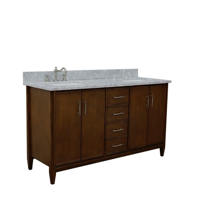 Bellaterra Home, MCM 61" Walnut Double Vanity, Rectangle Sink, White Carrara Marble#top-options_white-carrara-marble-top