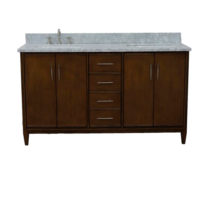 Bellaterra Home, MCM 61" Walnut Double Vanity, Rectangle Sink, White Carrara Marble#top-options_white-carrara-marble-top