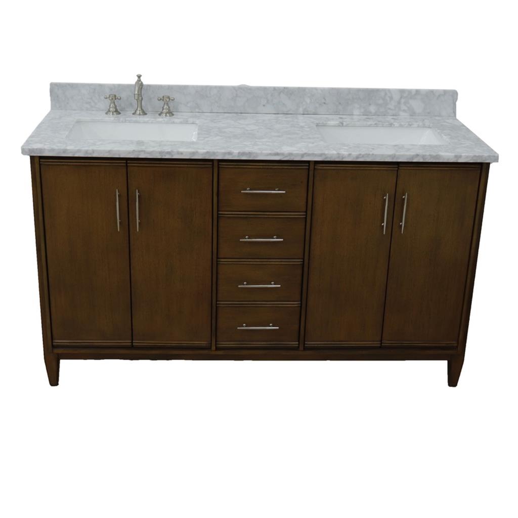 Bellaterra Home, MCM 61" Walnut Double Vanity, Rectangle Sink, White Carrara Marble#top-options_white-carrara-marble-top