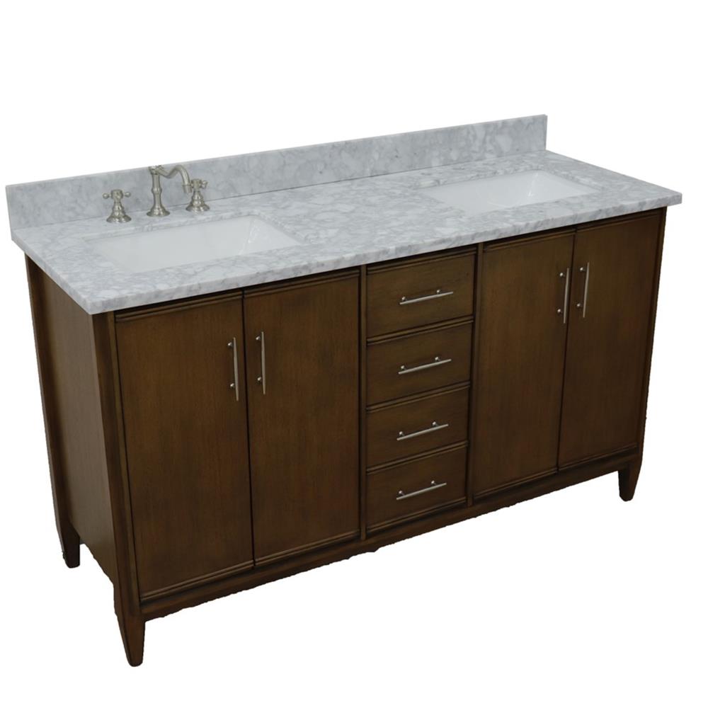 Bellaterra Home, MCM 61" Walnut Double Vanity, Rectangle Sink, White Carrara Marble#top-options_white-carrara-marble-top