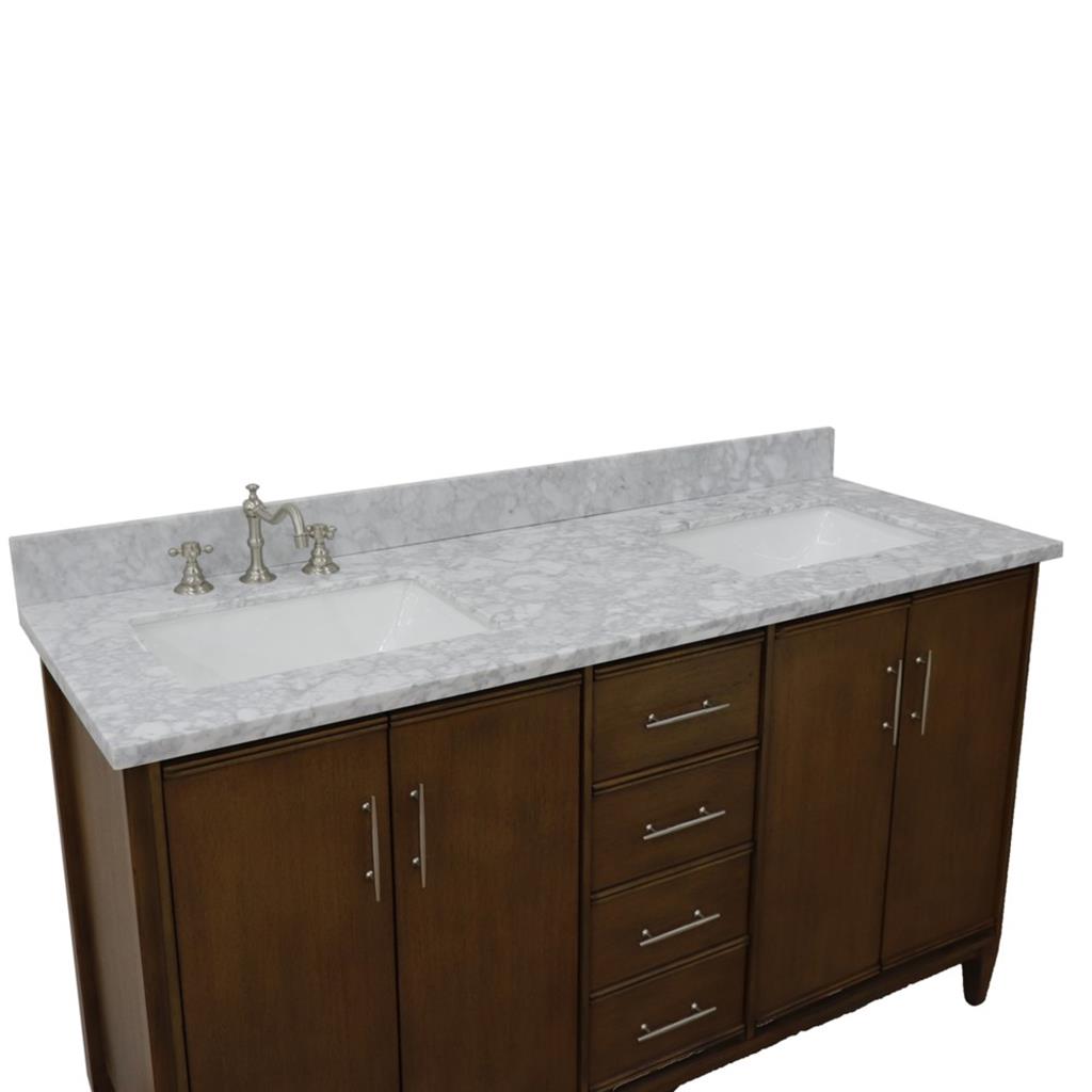 Bellaterra Home, MCM 61" Walnut Double Vanity, Rectangle Sink, White Carrara Marble#top-options_white-carrara-marble-top