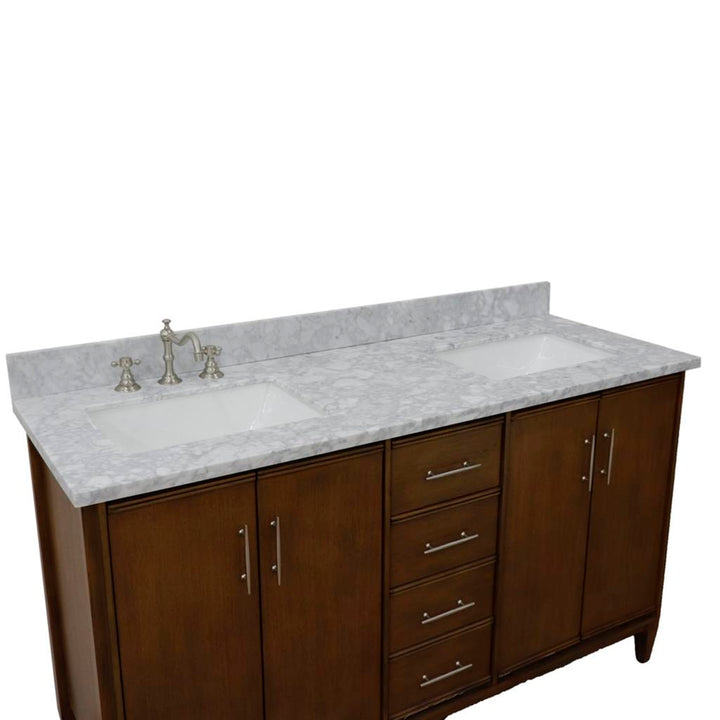 Bellaterra Home, MCM 61" Walnut Double Vanity, Rectangle Sink, White Carrara Marble#top-options_white-carrara-marble-top