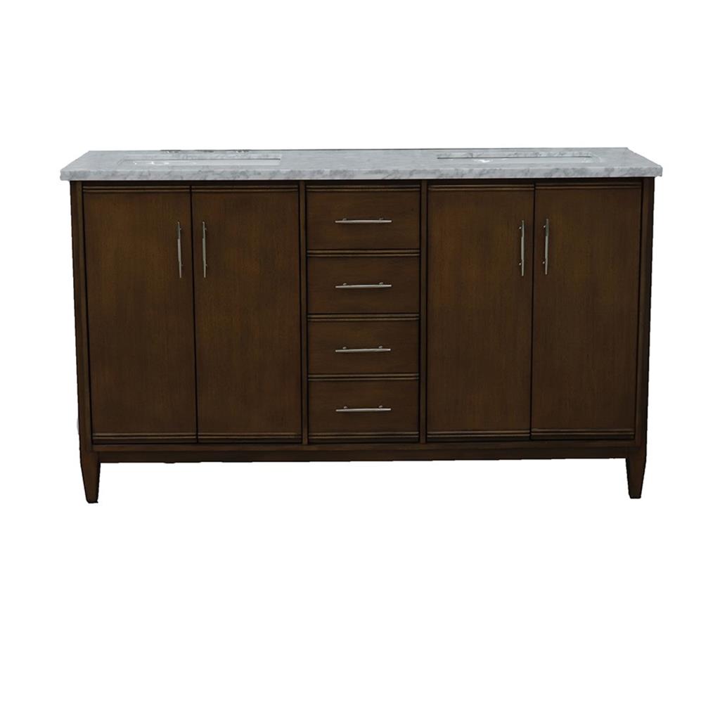Bellaterra Home, MCM 61" Walnut Double Vanity, Rectangle Sink, White Carrara Marble#top-options_white-carrara-marble-top