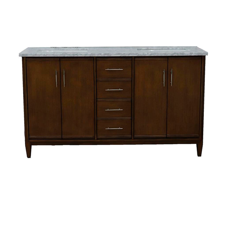 Bellaterra Home, MCM 61" Walnut Double Vanity, Rectangle Sink, White Carrara Marble#top-options_white-carrara-marble-top