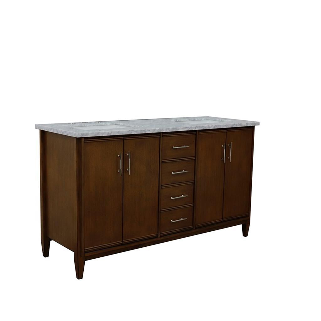 Bellaterra Home, MCM 61" Walnut Double Vanity, Rectangle Sink, White Carrara Marble#top-options_white-carrara-marble-top