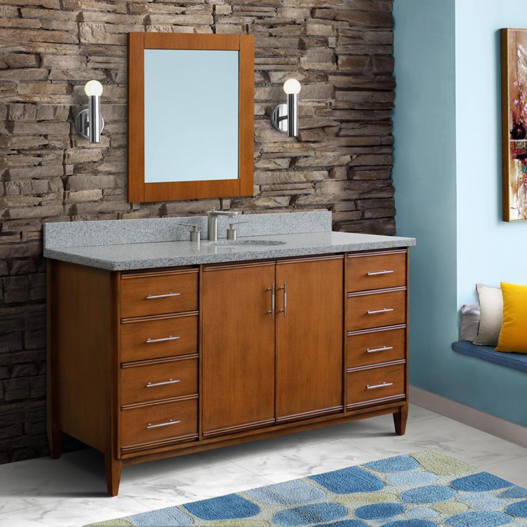 Bellaterra Home, MCM 61" Walnut Single Vanity, Oval Sink, Gray Granite#top-options_gray-granite-top