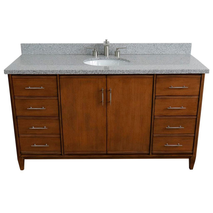 Bellaterra Home, MCM 61" Walnut Single Vanity, Oval Sink, Gray Granite#top-options_gray-granite-top