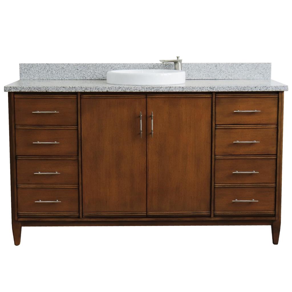 Bellaterra Home, MCM 61" Walnut Single Vanity, Round Sink, Gray Granite#top-options_gray-granite-top