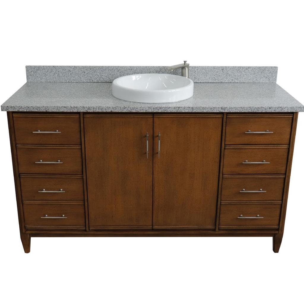 Bellaterra Home, MCM 61" Walnut Single Vanity, Round Sink, Gray Granite#top-options_gray-granite-top