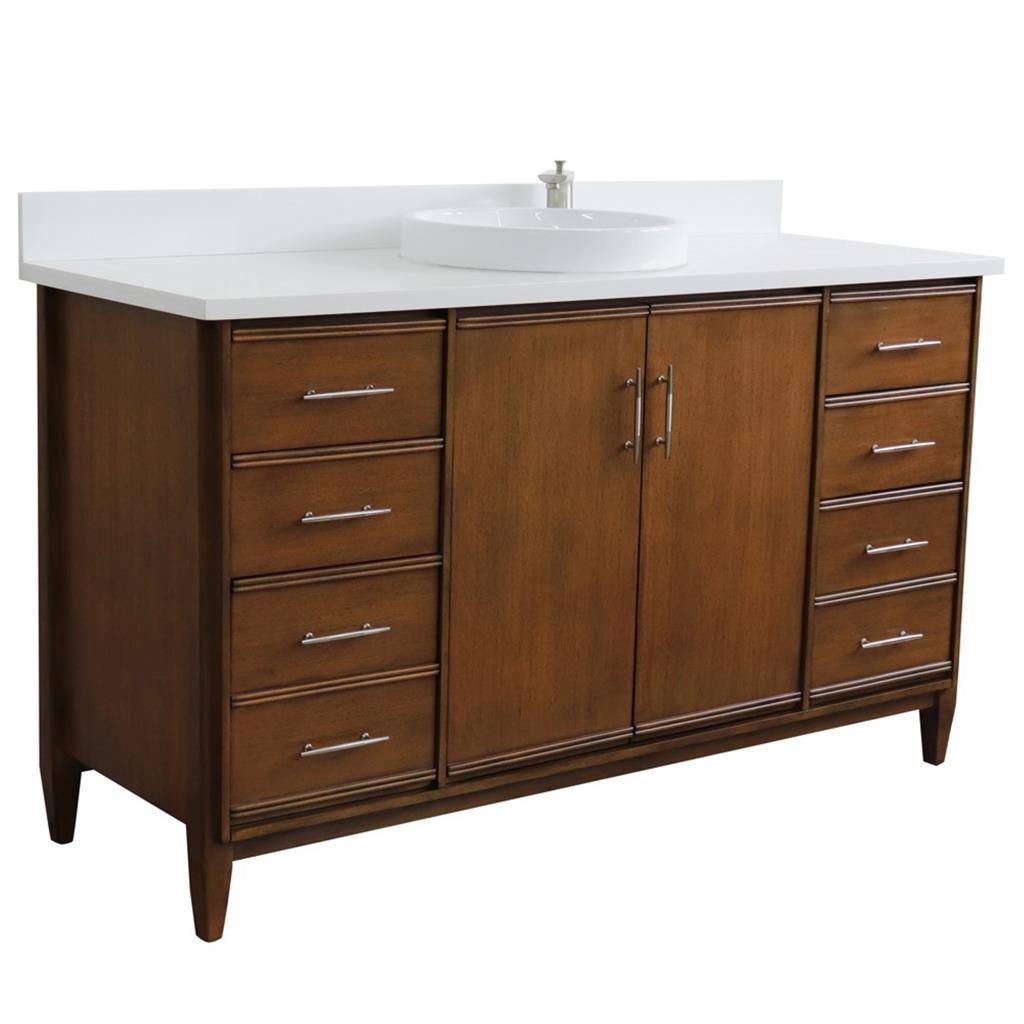 Bellaterra Home, MCM 61" Walnut Single Vanity, Round Sink, White Quartz#top-options_white-quartz-top