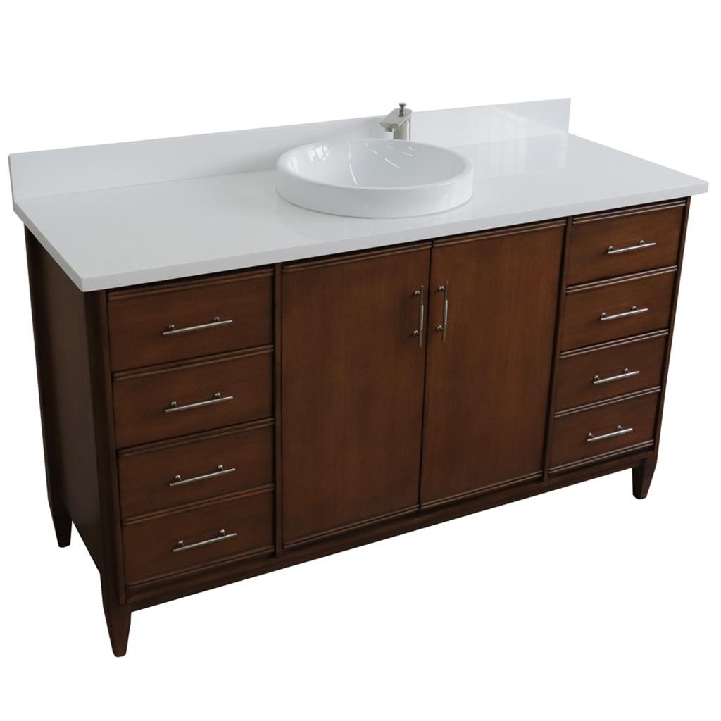 Bellaterra Home, MCM 61" Walnut Single Vanity, Round Sink, White Quartz#top-options_white-quartz-top