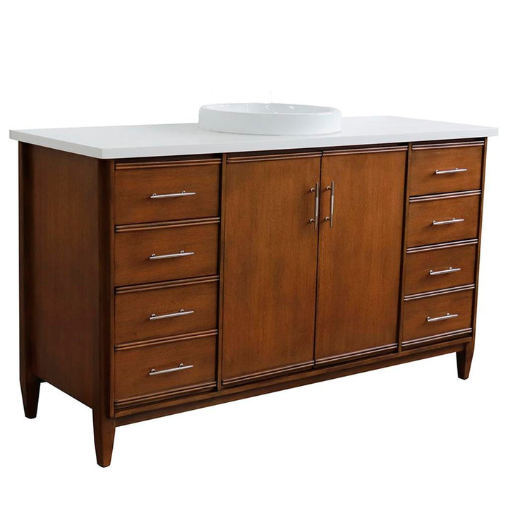 Bellaterra Home, MCM 61" Walnut Single Vanity, Round Sink, White Quartz#top-options_white-quartz-top