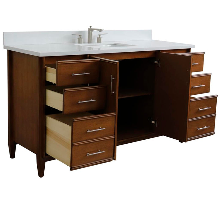Bellaterra Home, MCM 61" Walnut Single Vanity, Rectangle Sink, White Quartz#top-options_white-quartz-top