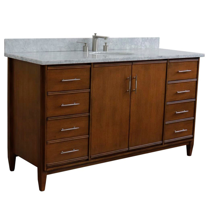 Bellaterra Home, MCM 61" Walnut Single Vanity, Oval Sink, White Carrara Marble#top-options_white-carrara-marble-top