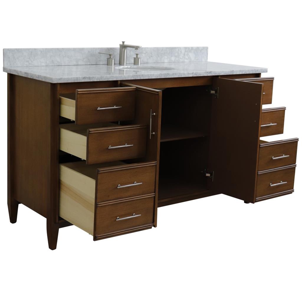 Bellaterra Home, MCM 61" Walnut Single Vanity, Oval Sink, White Carrara Marble#top-options_white-carrara-marble-top