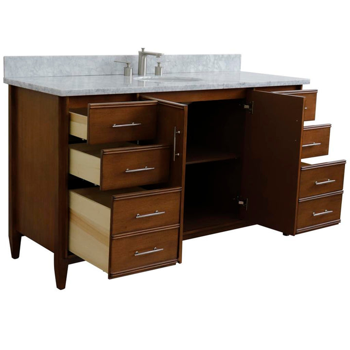 Bellaterra Home, MCM 61" Walnut Single Vanity, Oval Sink, White Carrara Marble#top-options_white-carrara-marble-top