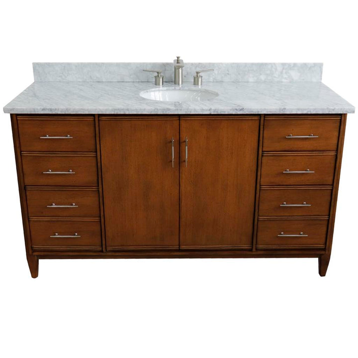 Bellaterra Home, MCM 61" Walnut Single Vanity, Oval Sink, White Carrara Marble#top-options_white-carrara-marble-top