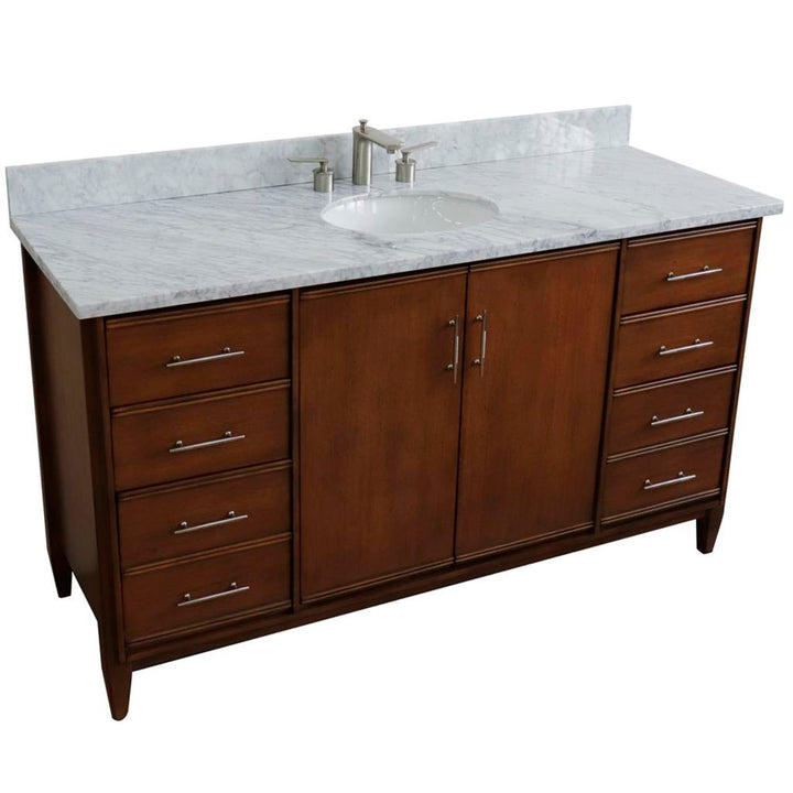 Bellaterra Home, MCM 61" Walnut Single Vanity, Oval Sink, White Carrara Marble#top-options_white-carrara-marble-top