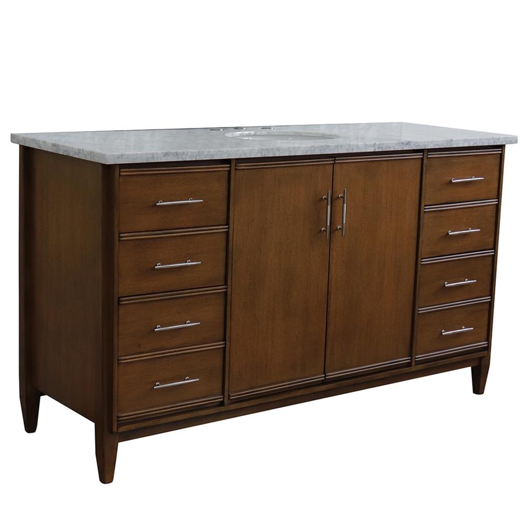Bellaterra Home, MCM 61" Walnut Single Vanity, Oval Sink, White Carrara Marble#top-options_white-carrara-marble-top