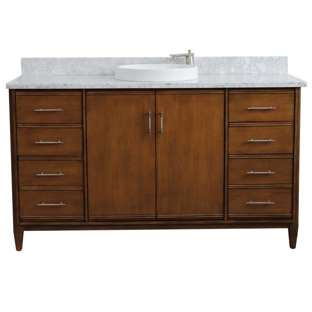 Bellaterra Home, MCM 61" Walnut Single Vanity, Round Sink, White Carrara Marble#top-options_white-carrara-marble-top
