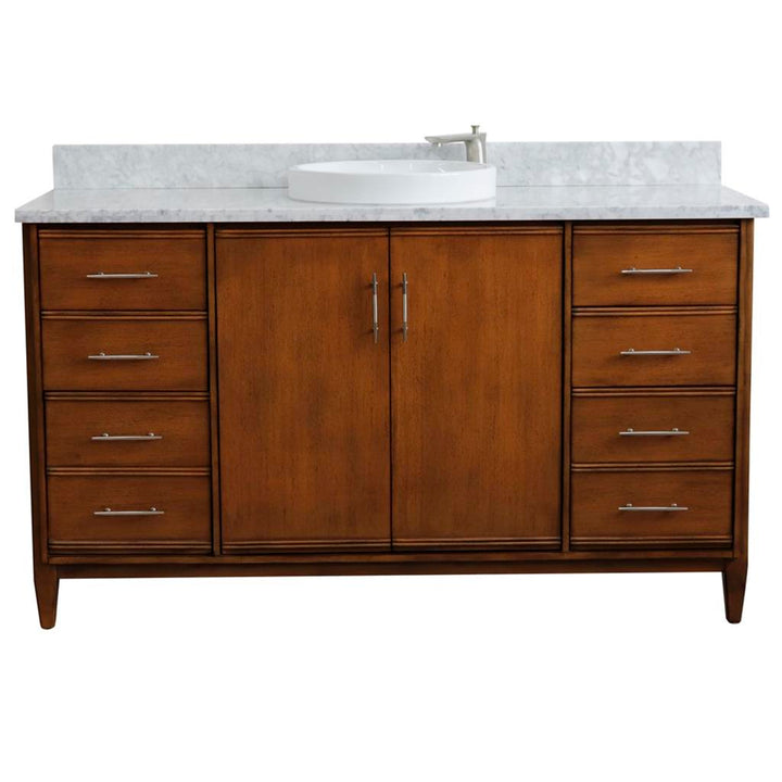 Bellaterra Home, MCM 61" Walnut Single Vanity, Round Sink, White Carrara Marble#top-options_white-carrara-marble-top
