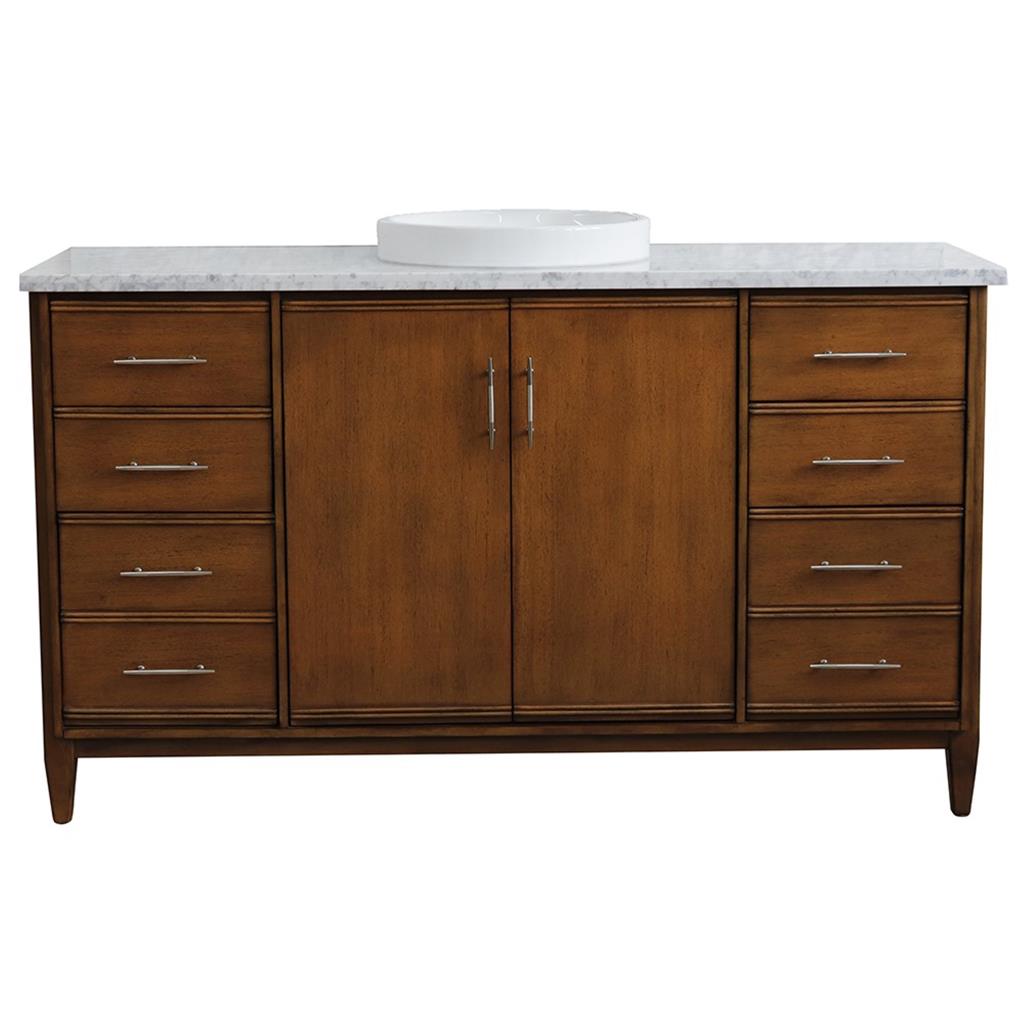 Bellaterra Home, MCM 61" Walnut Single Vanity, Round Sink, White Carrara Marble#top-options_white-carrara-marble-top