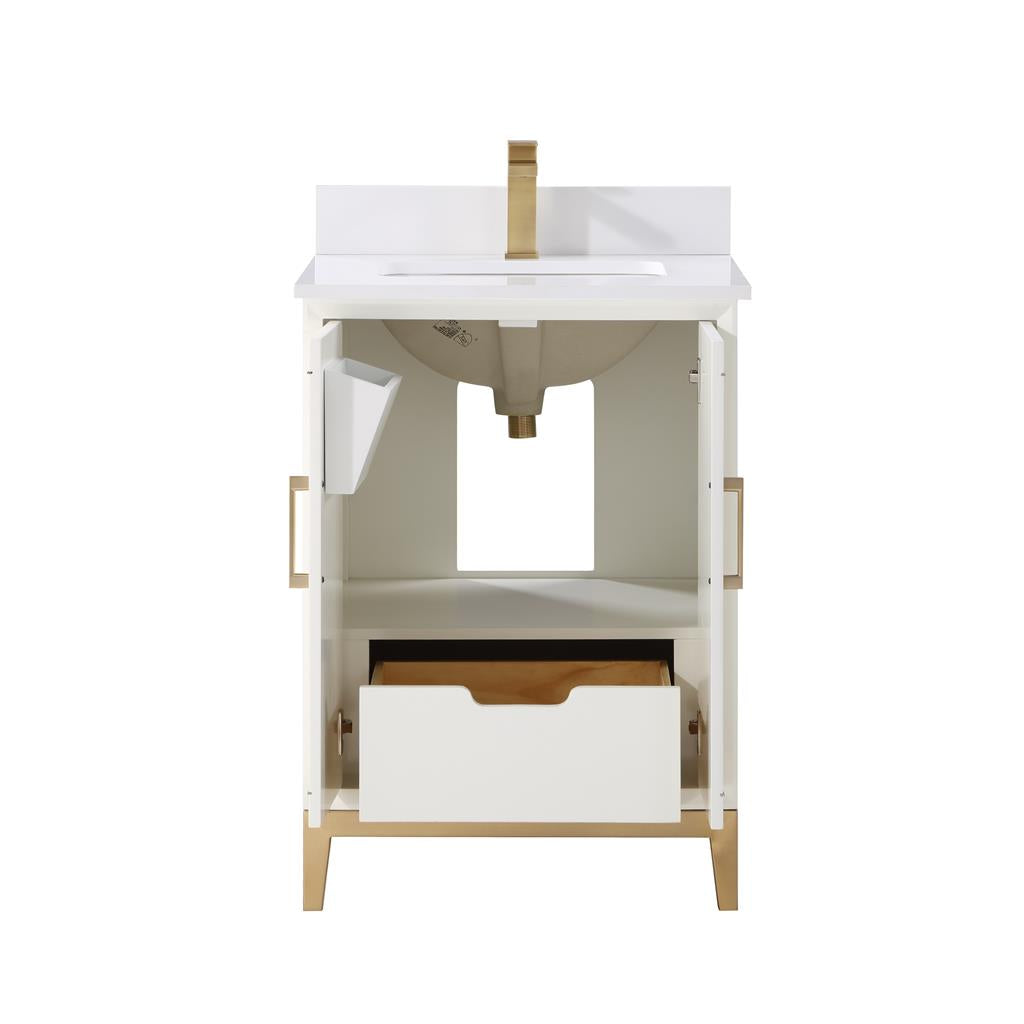 Bemma, Gracie 24" Single Vanity, Satin, White/Satin Brass, White Quartz Top#top-options_white-quartz-top