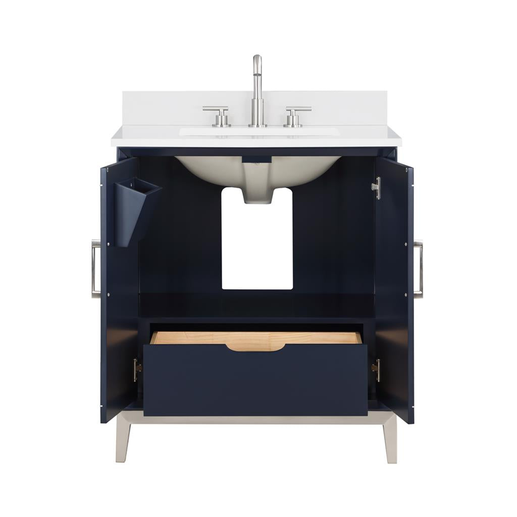 Bemma, Gracie 30" Single Vanity, Pacific Blue/Brushed Nickel, White Quartz Top#top-options_white-quartz-top