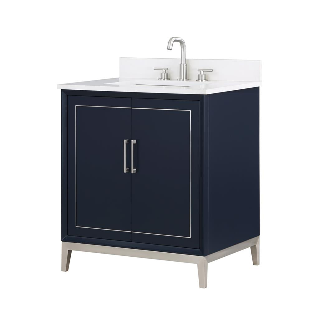 Bemma, Gracie 30" Single Vanity, Pacific Blue/Brushed Nickel, White Quartz Top#top-options_white-quartz-top